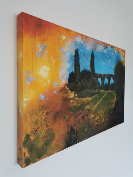 Viaduct Painting featuring vibrant orange and blue skies