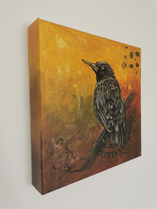 Starling bird artwork with natural tones