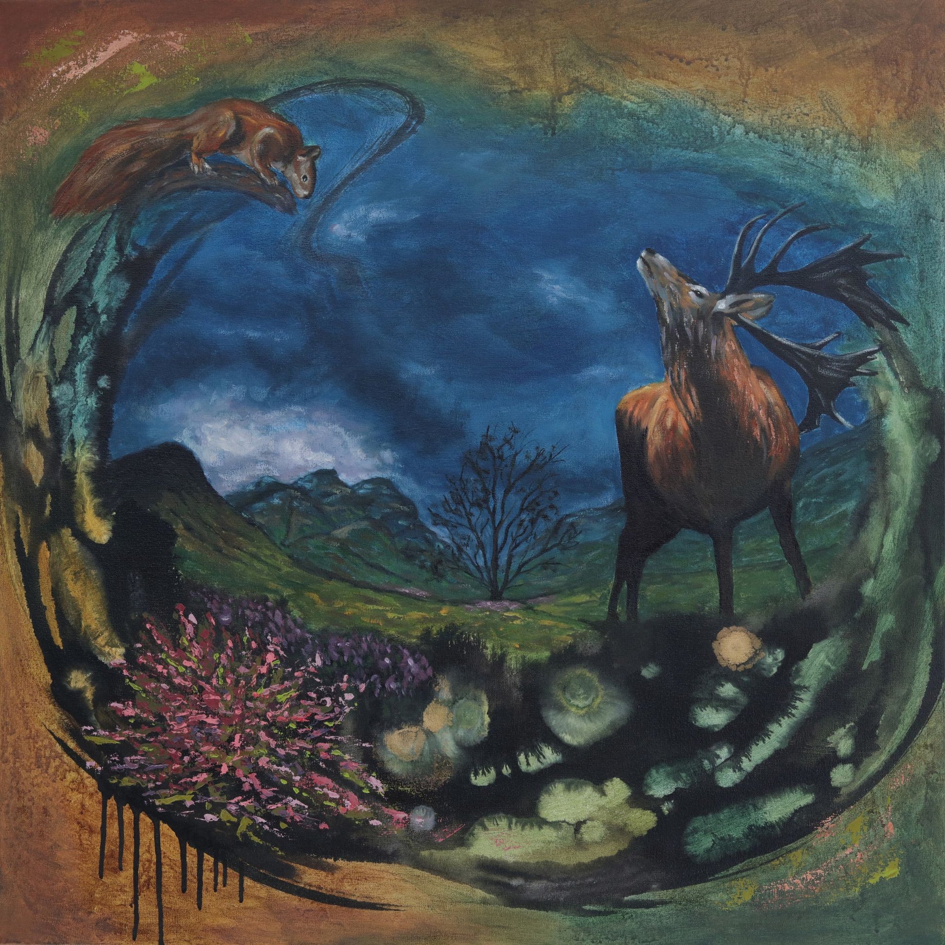 nature inspired painting of stag deer and squirrel over a valley