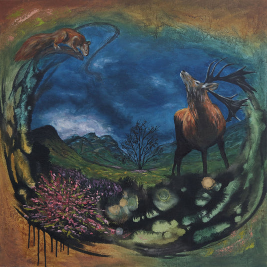 nature inspired painting of stag deer and squirrel over a valley