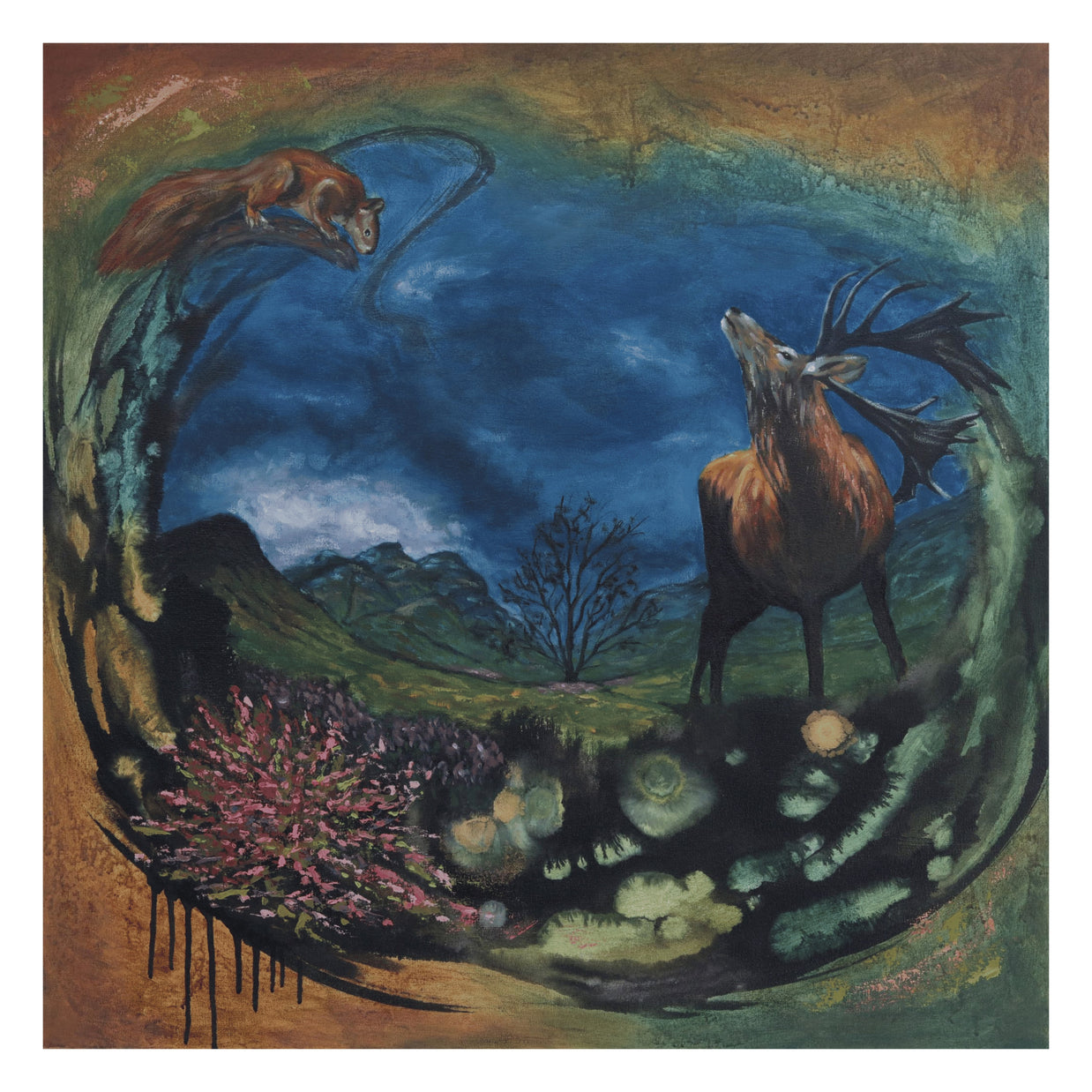 Artwork showing a stag and a squirrel within abstracted Scottish landscape.