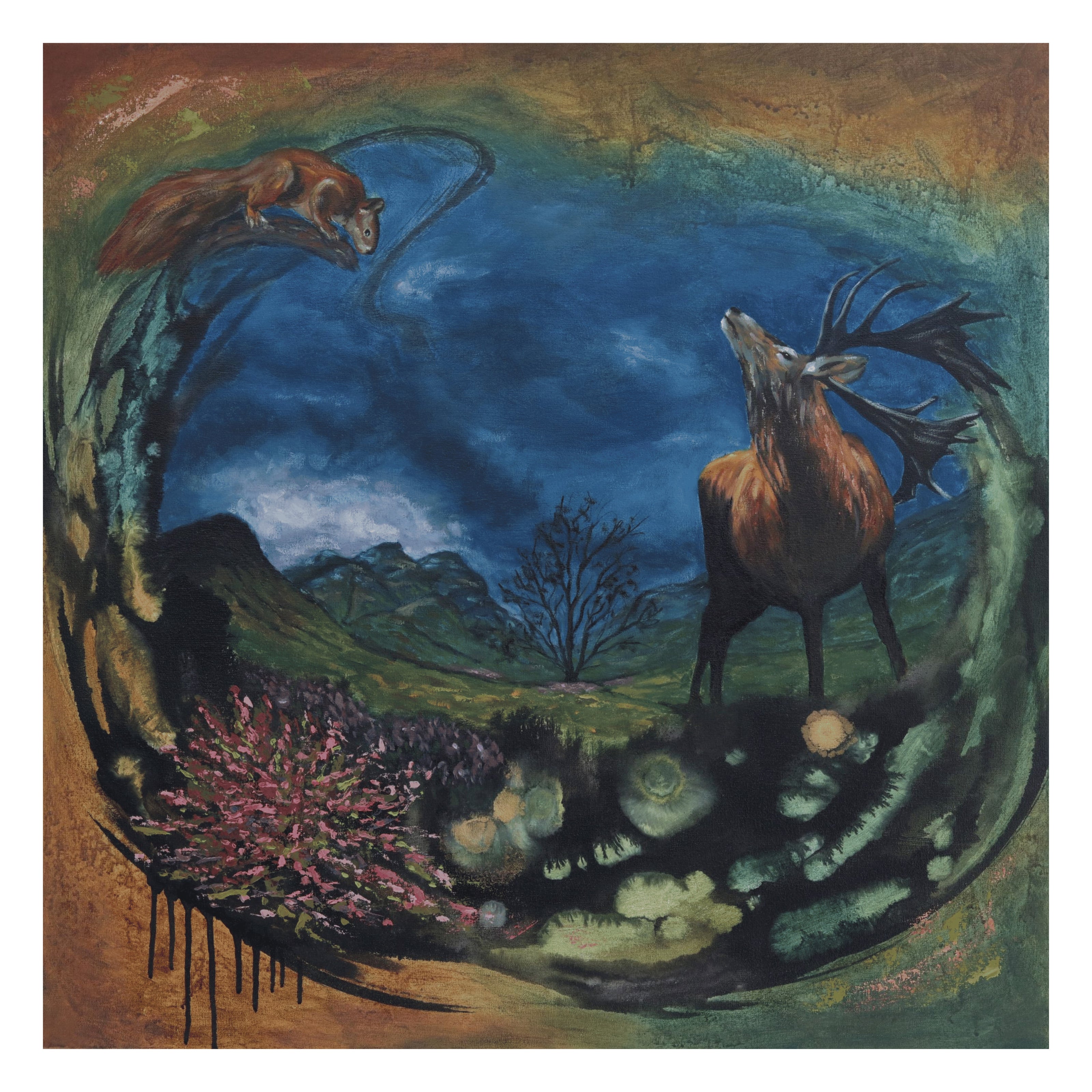 Artwork showing a stag and a squirrel within abstracted Scottish landscape.