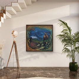 A large hallway with a painting of a stag on the backdrop of a Scottish landscape.