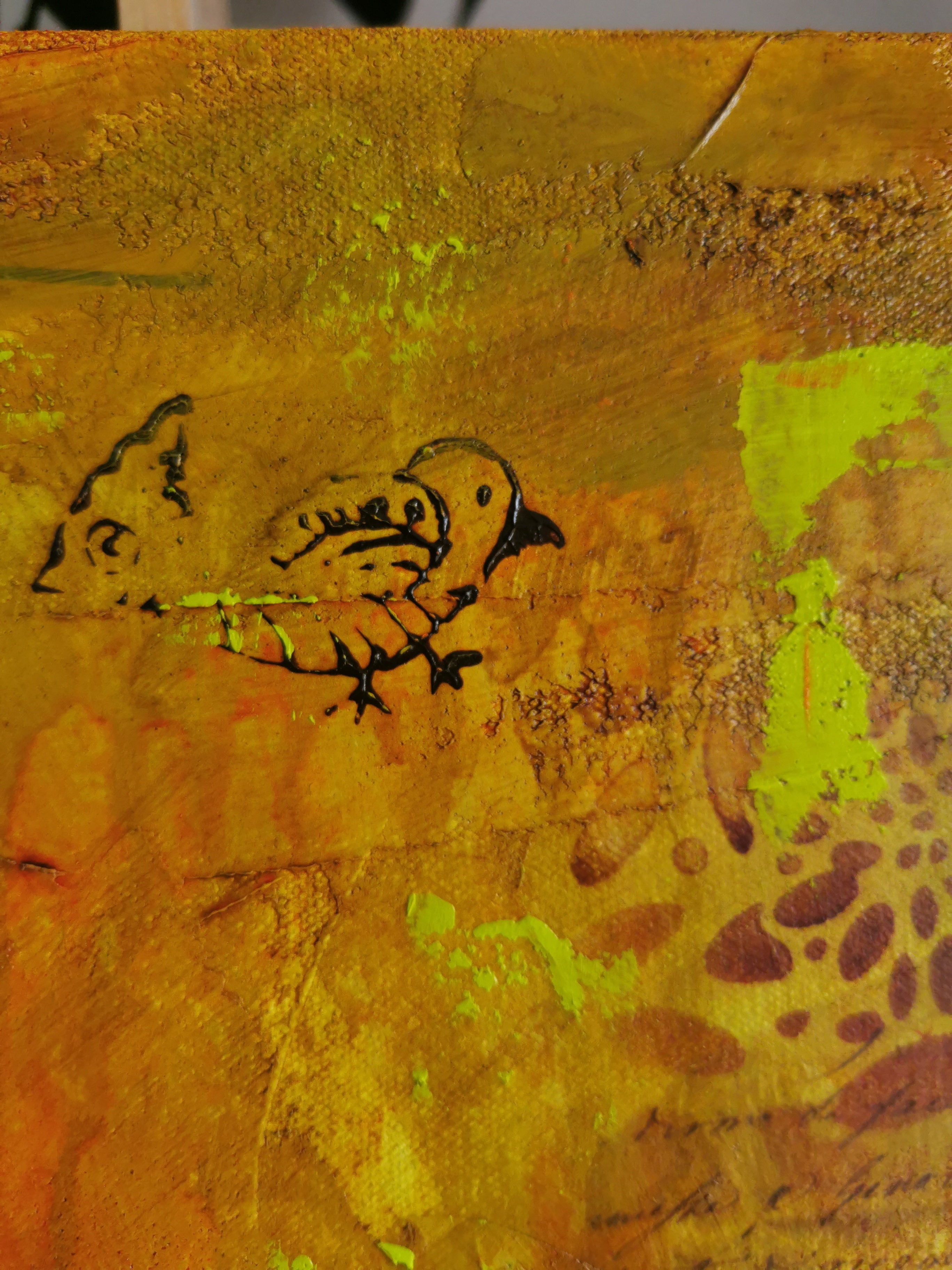 Abstract artwork with a bird-like shape on a textured surface