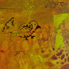 Abstract artwork with a bird-like shape on a textured surface