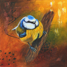 Painting of a blue tit bird with earthy colours and abstract shapes in the background.