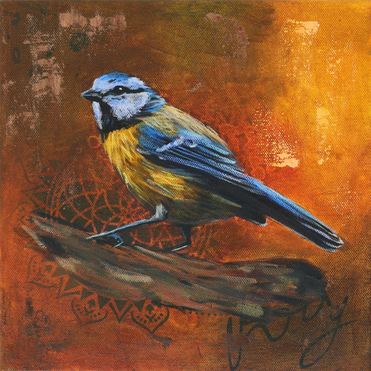 Vibrant blue tit painting with mixed media details