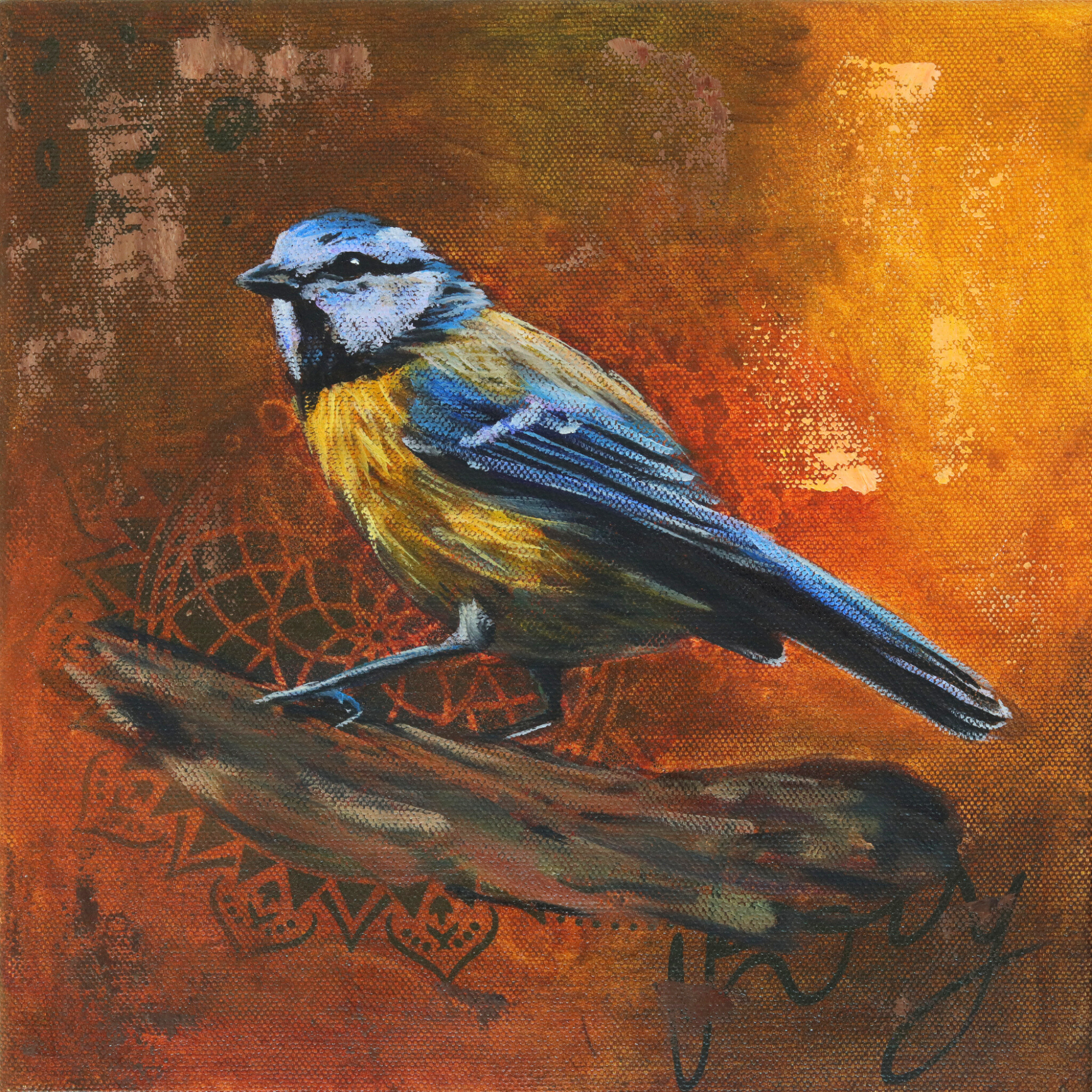 Vibrant blue tit painting with mixed media details