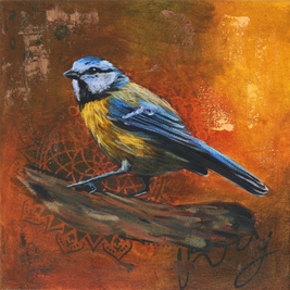 Vibrant blue tit painting with mixed media details