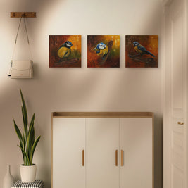 A bright hallway featuring an arrangement of 3 blue tit paintings.