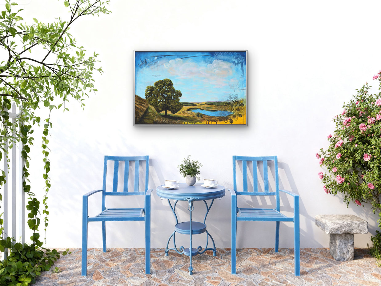 Balcony with blue chairs and table and a landscape painting.