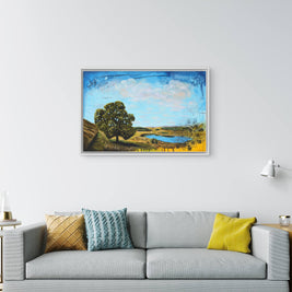 living room with a grey sofa and landscape painting.