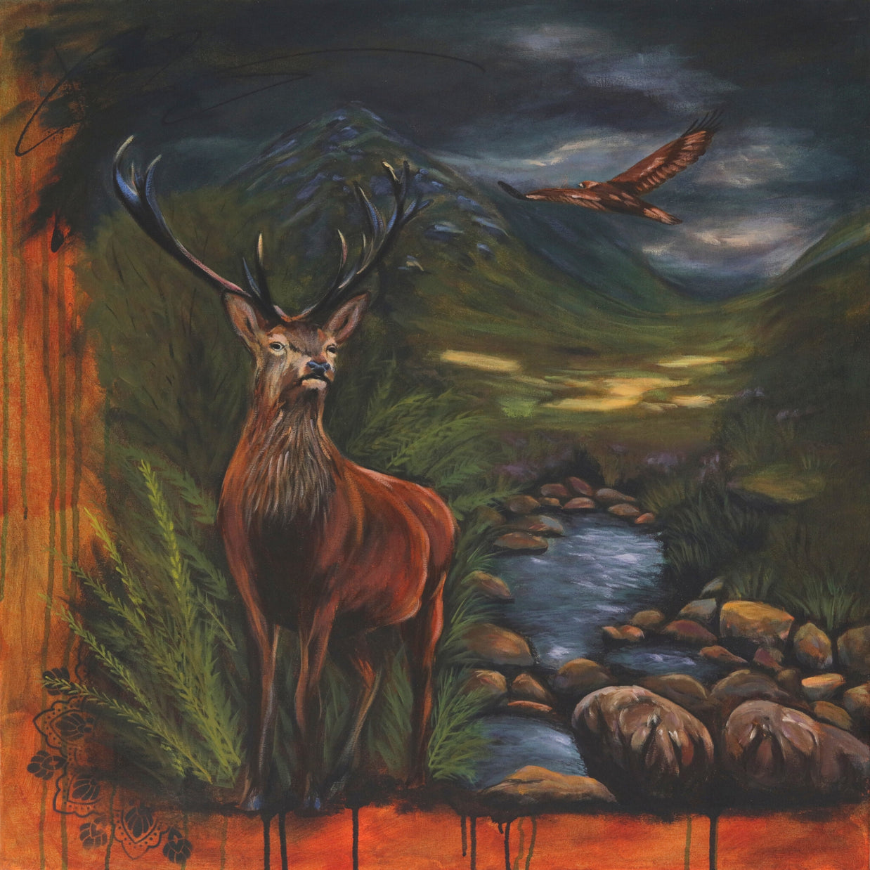Nature-inspired mixed media painting featuring a stag in a lush