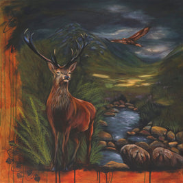 Nature-inspired mixed media painting featuring a stag in a lush