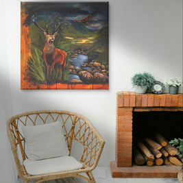 Cosy fireplace sitting space stag painting decorating the wall.