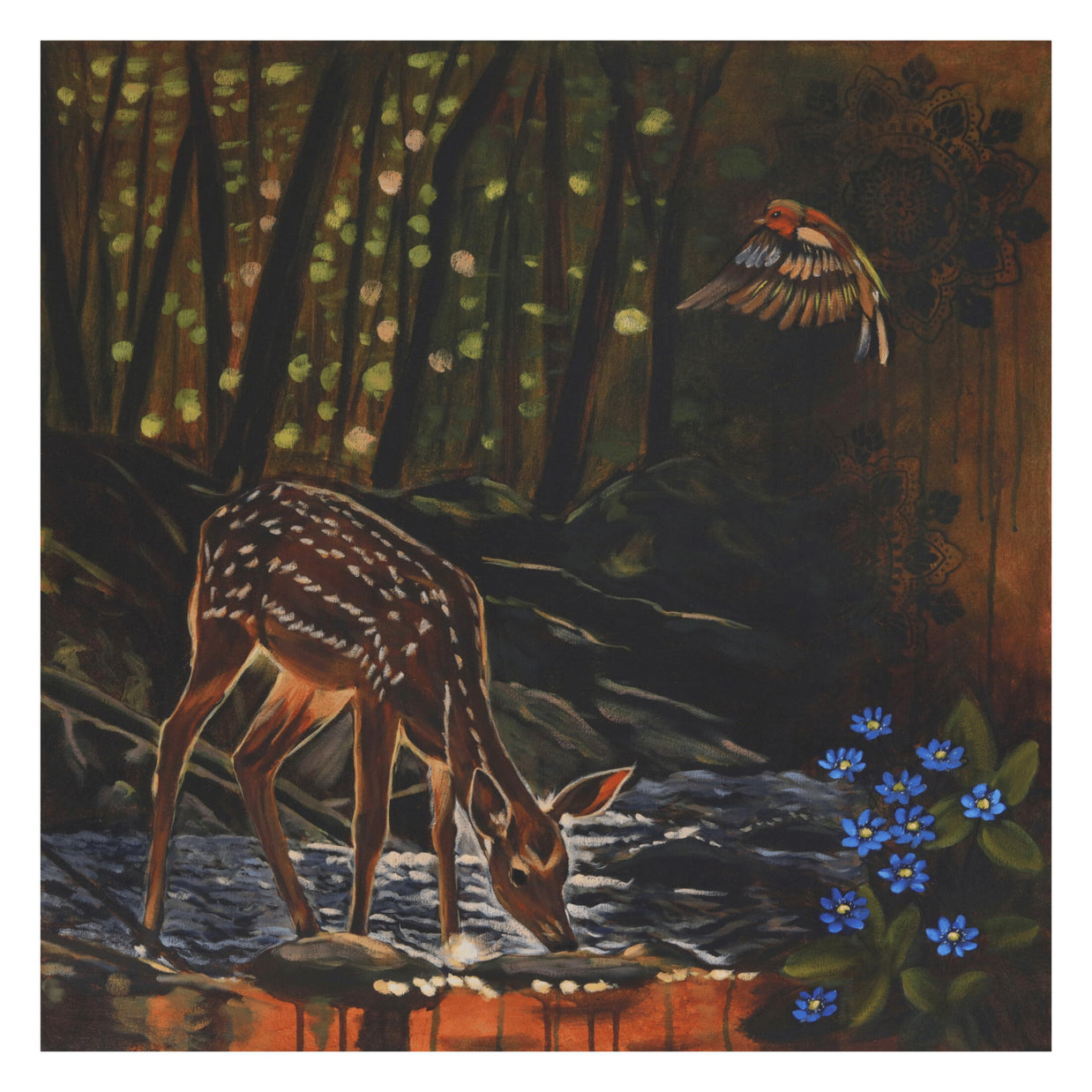Fine art print showing a foe deer drinking from a woodland stream.