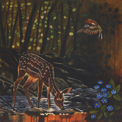 Painting of a deer drinking water with a bird perched nearby in a forest setting.