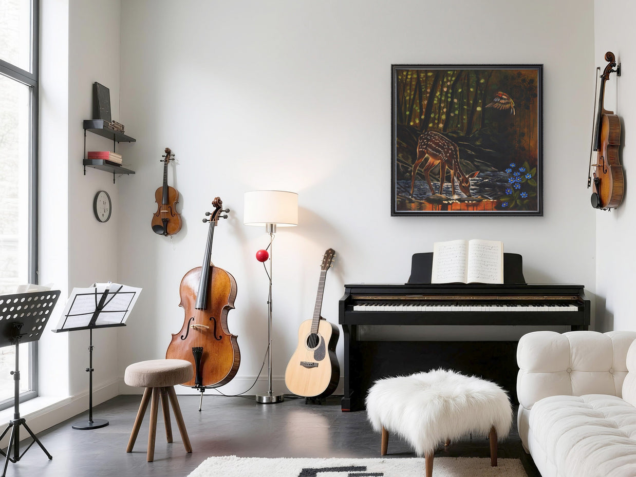 Music room featuring the painting of foe deer.