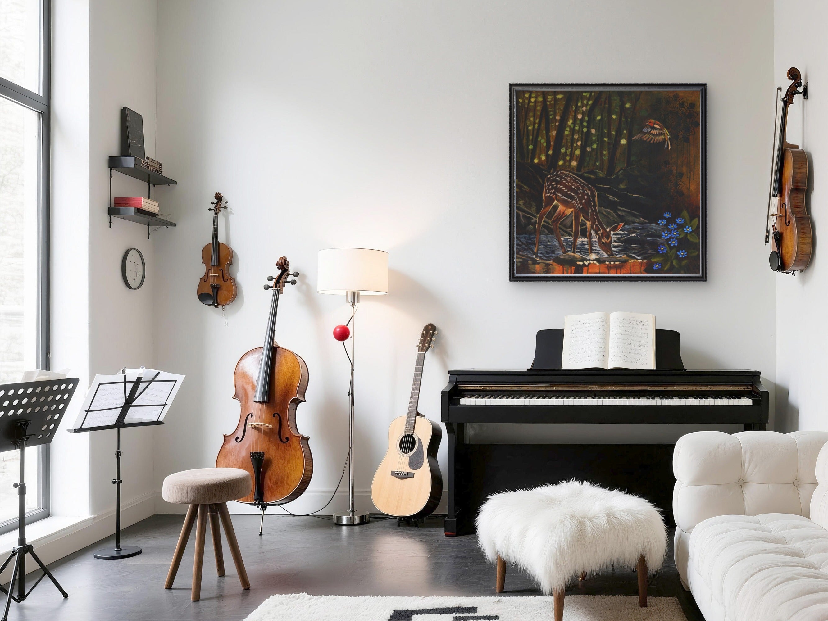 Music room featuring the painting of foe deer.