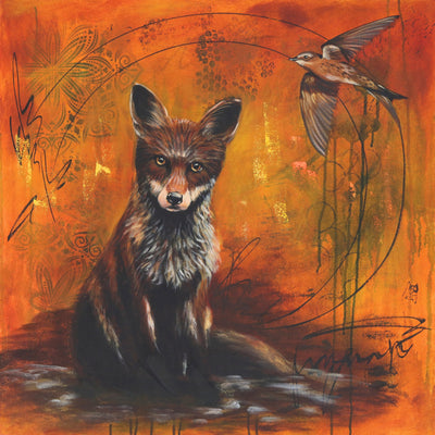 Here and now painting of a fox sitting with a bird