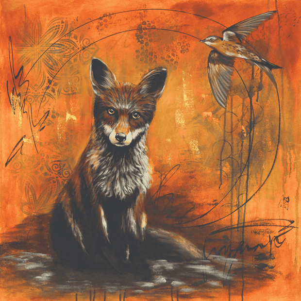 Here and now painting of a fox sitting with a bird
