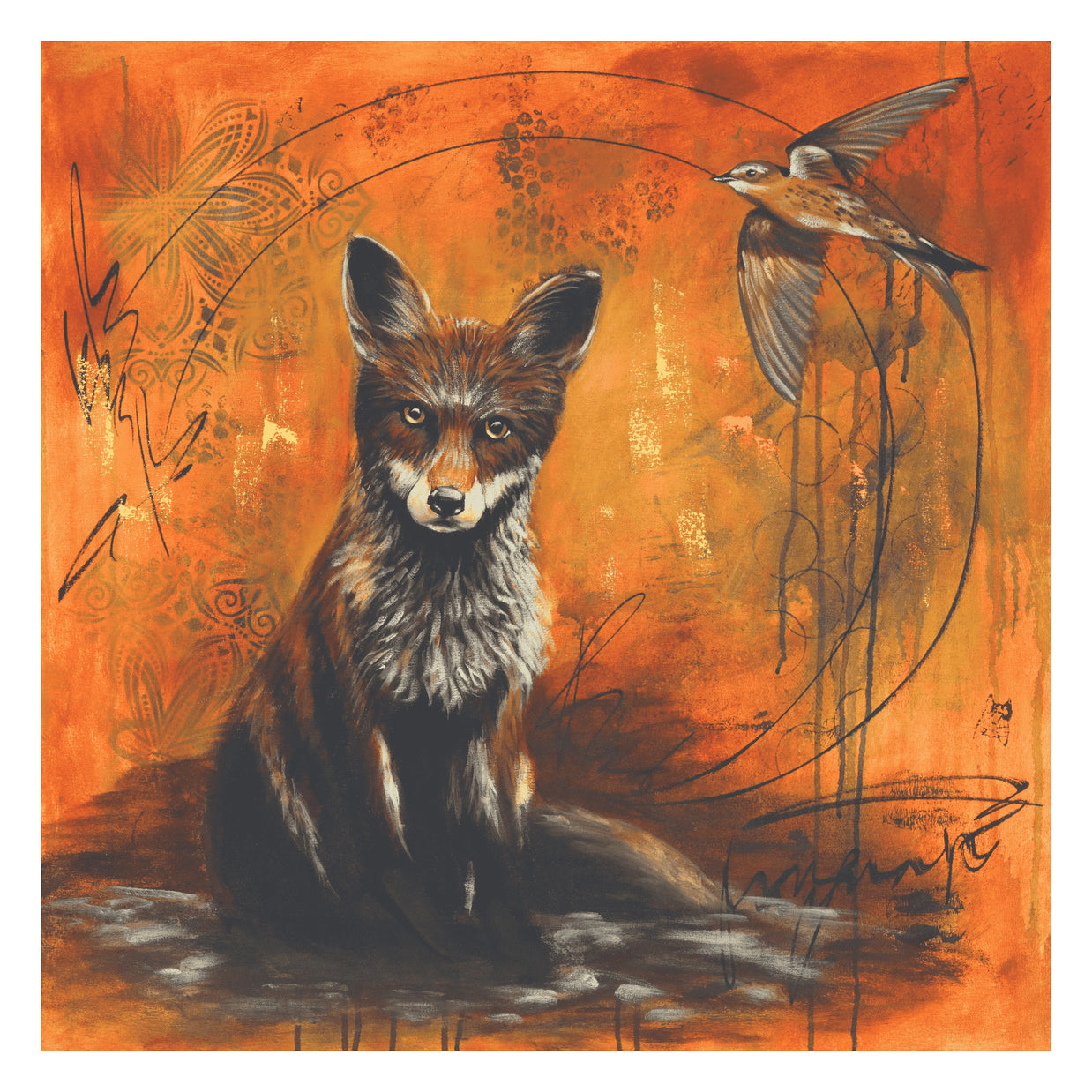 Fine art print showing a fox and a bird.