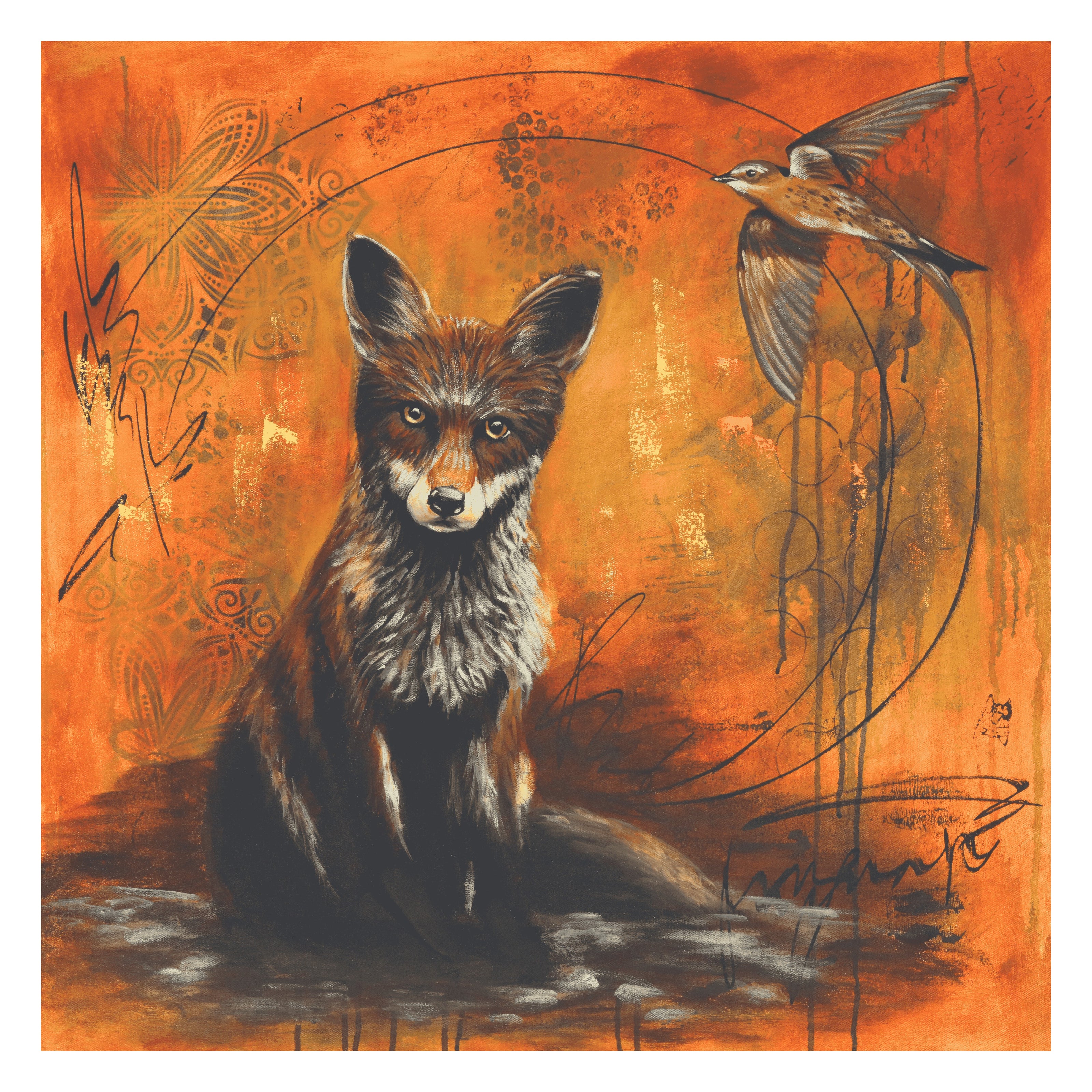 Fine art print showing a fox and a bird.