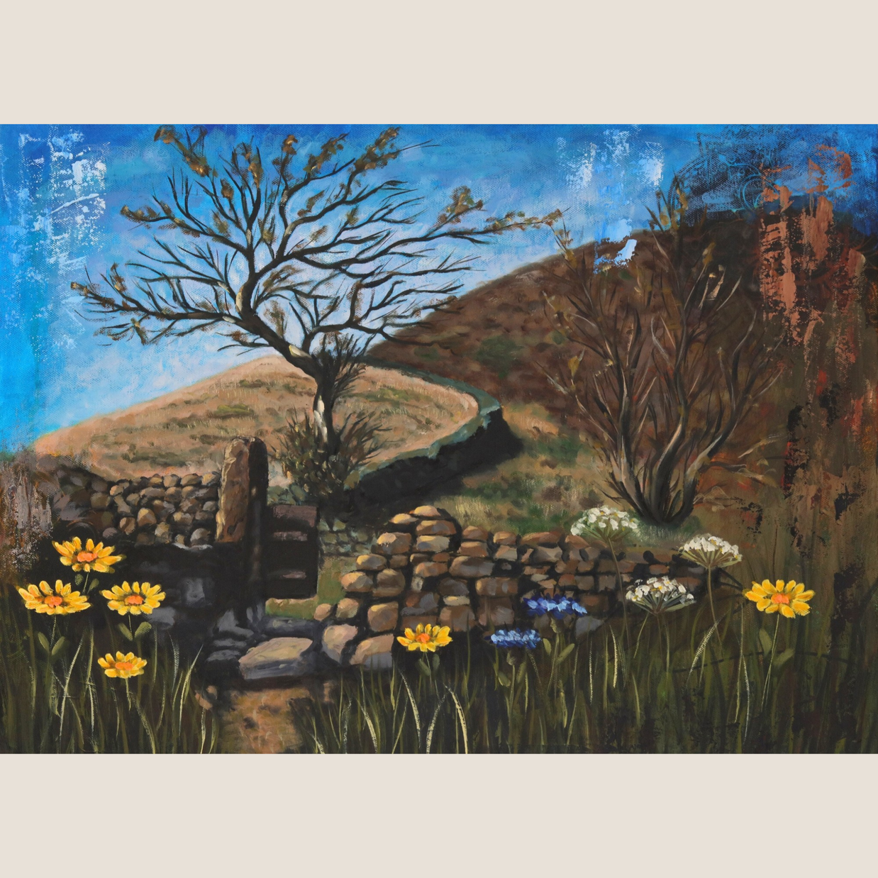 Painting of 

Painting of Holcombe Moor landscape with a stone wall, tree, and flowers.