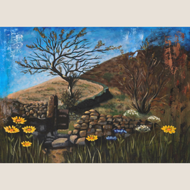 Painting of 

Painting of Holcombe Moor landscape with a stone wall, tree, and flowers.