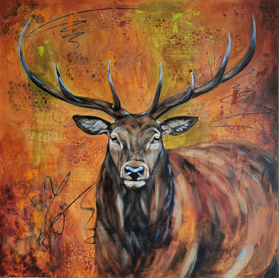 Painting of a deer on looking at the viewer with a textured background