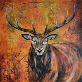 Painting of a deer on looking at the viewer with a textured background