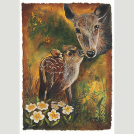Painting of foe deer mother and her young.