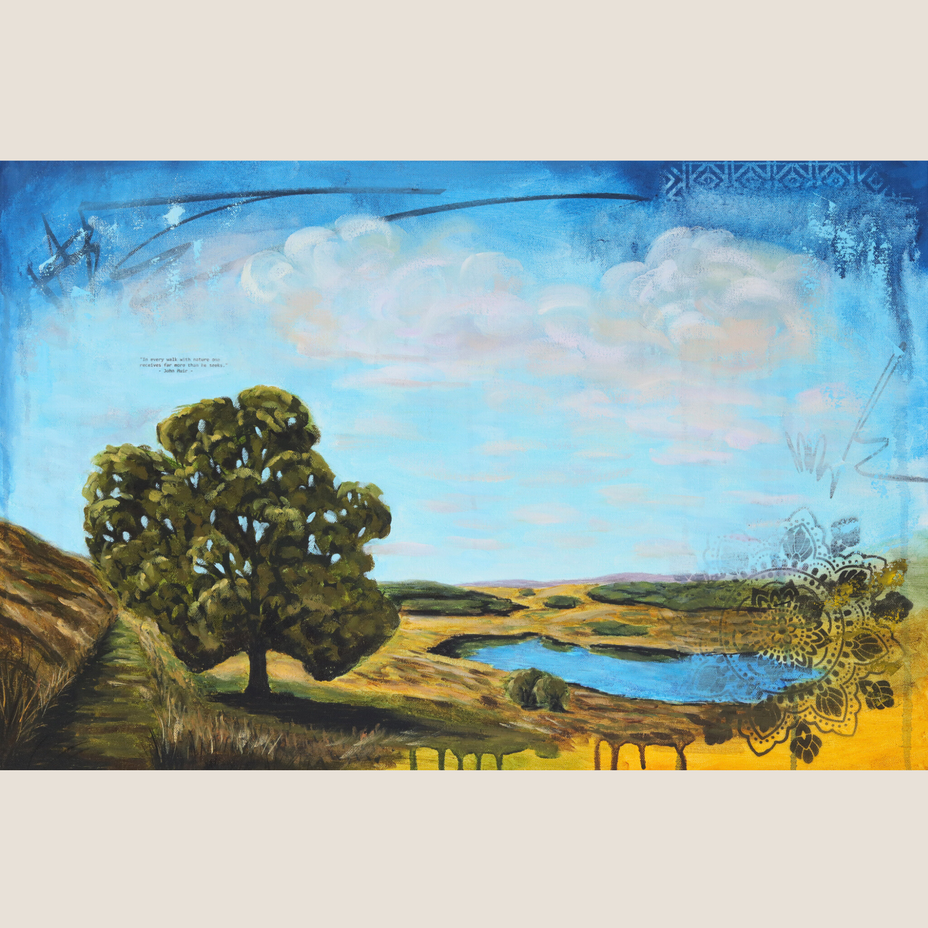 Landscape with a tree and a lake, stylized with abstract elements.