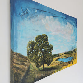 Painting of a tree and Calf Hey landscape on a wall.