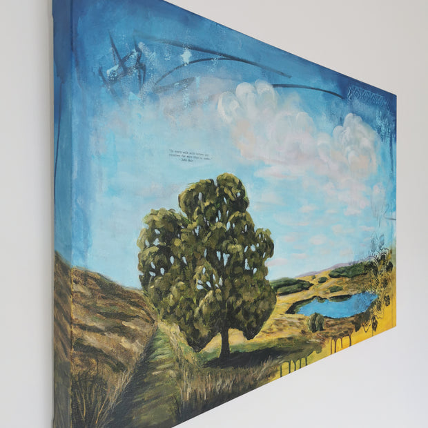 Painting of a tree and Calf Hey landscape on a wall.