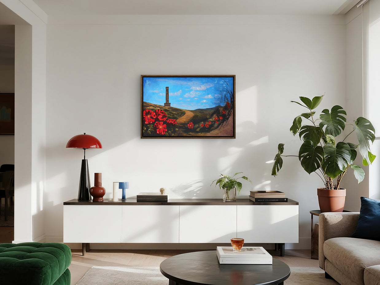 Contemporary living room featuring Peel Tower landscape painting.