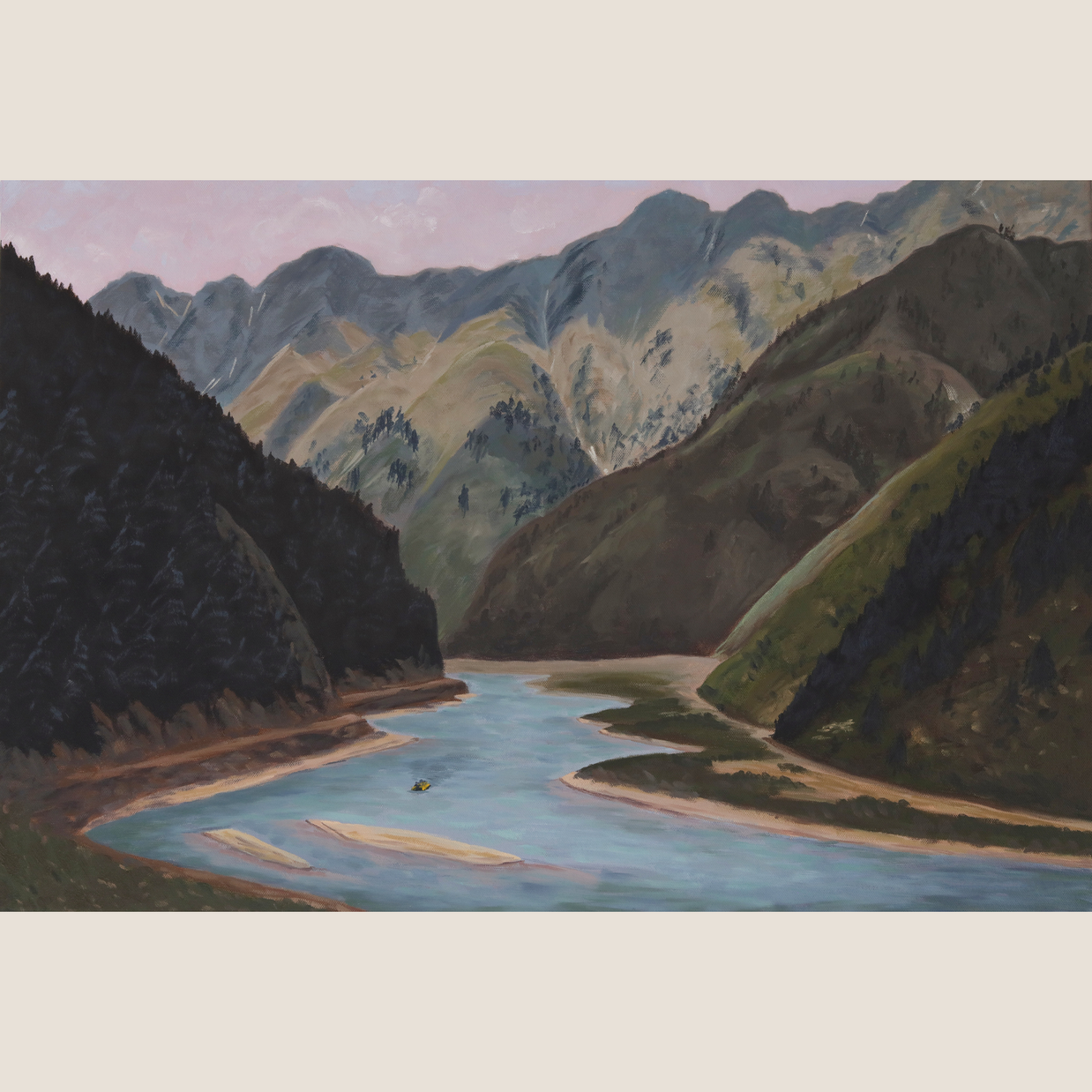Painting of a river winding through a mountainous landscape
