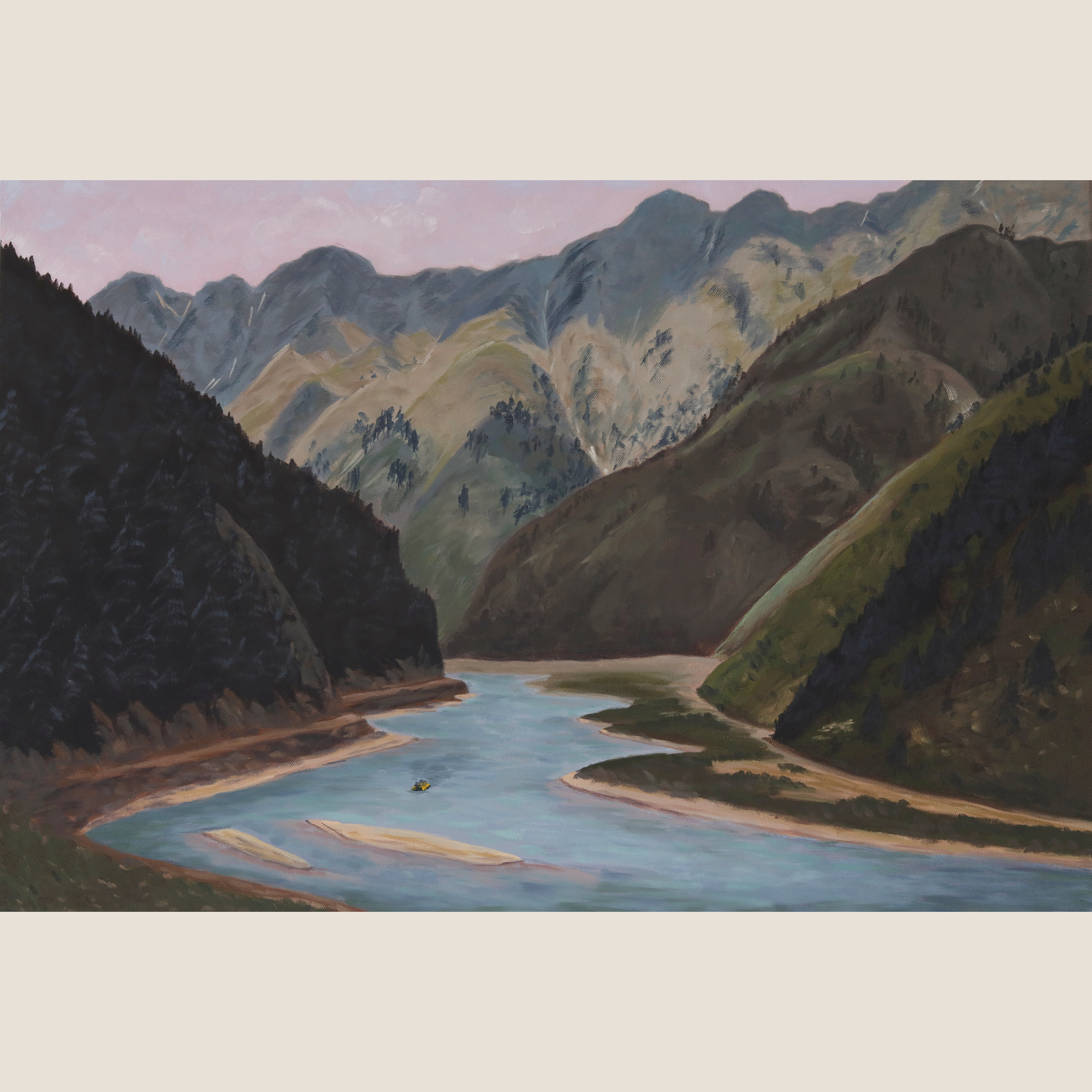 Painting of a river winding through a mountainous landscape