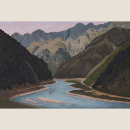 Painting of a river winding through a mountainous landscape