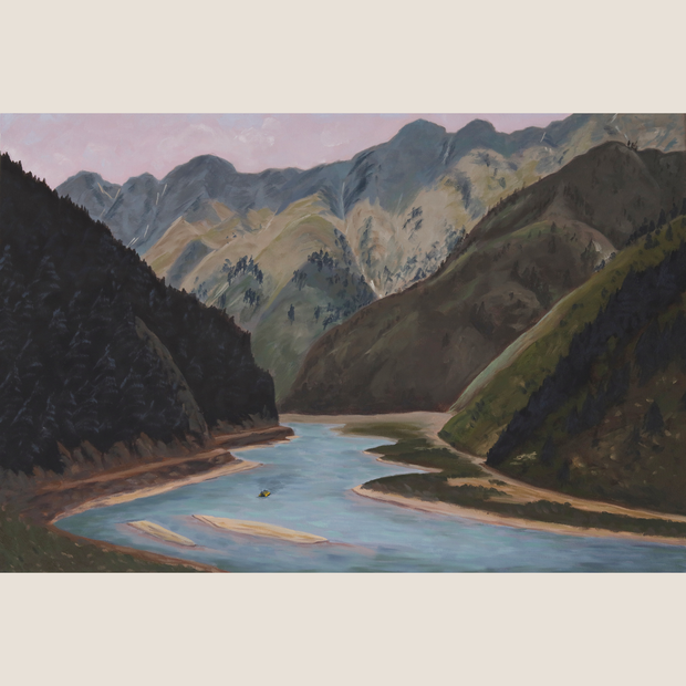 Painting of a river winding through a mountainous landscape