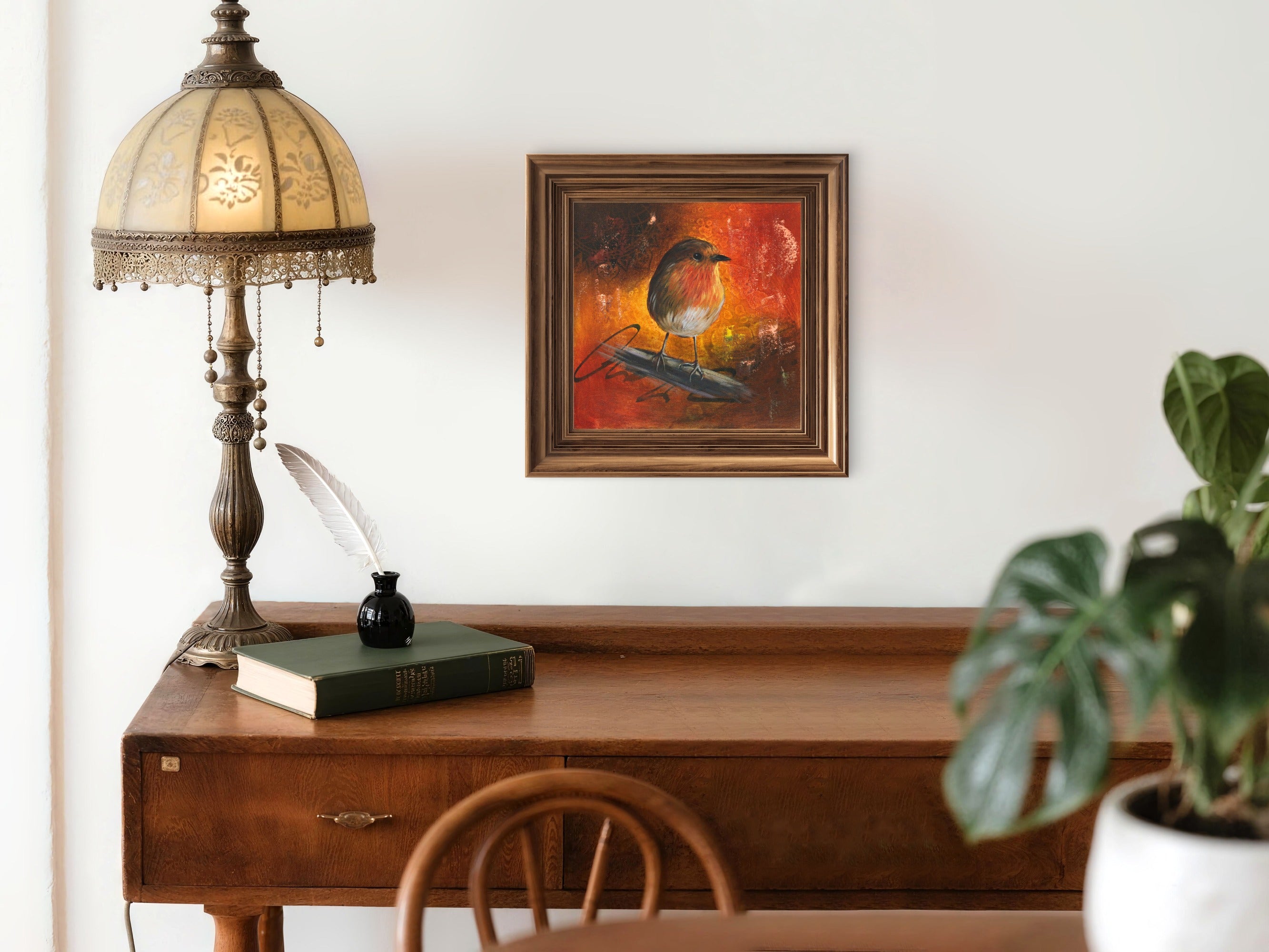 Traditional office space featuring a robin painting.