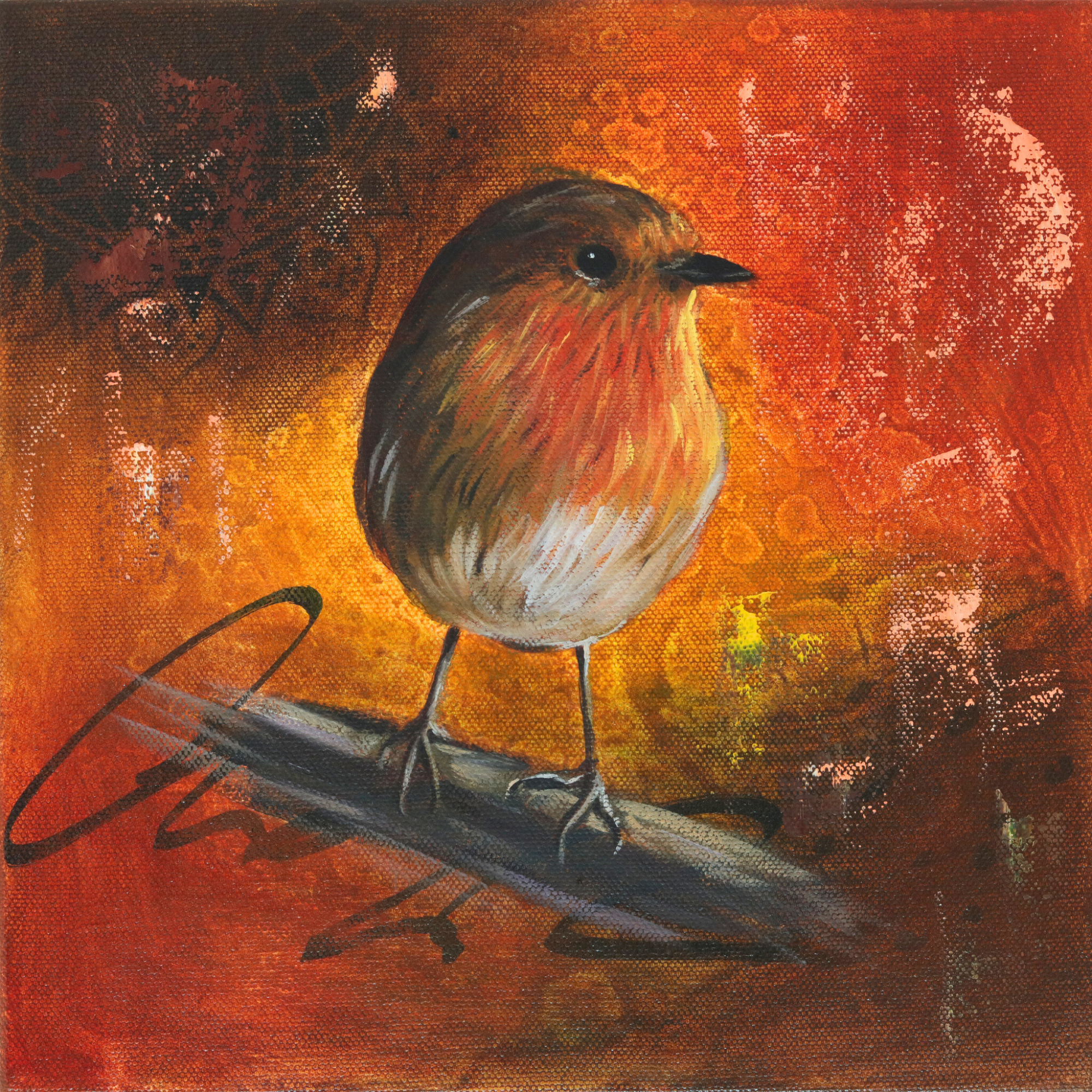 A beautiful mixed media painting of a robin