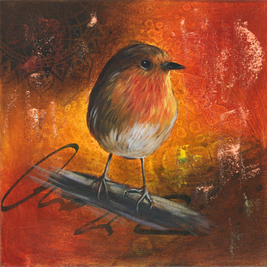 A beautiful mixed media painting of a robin