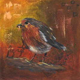 Painting showing a robin bird eating a grub 