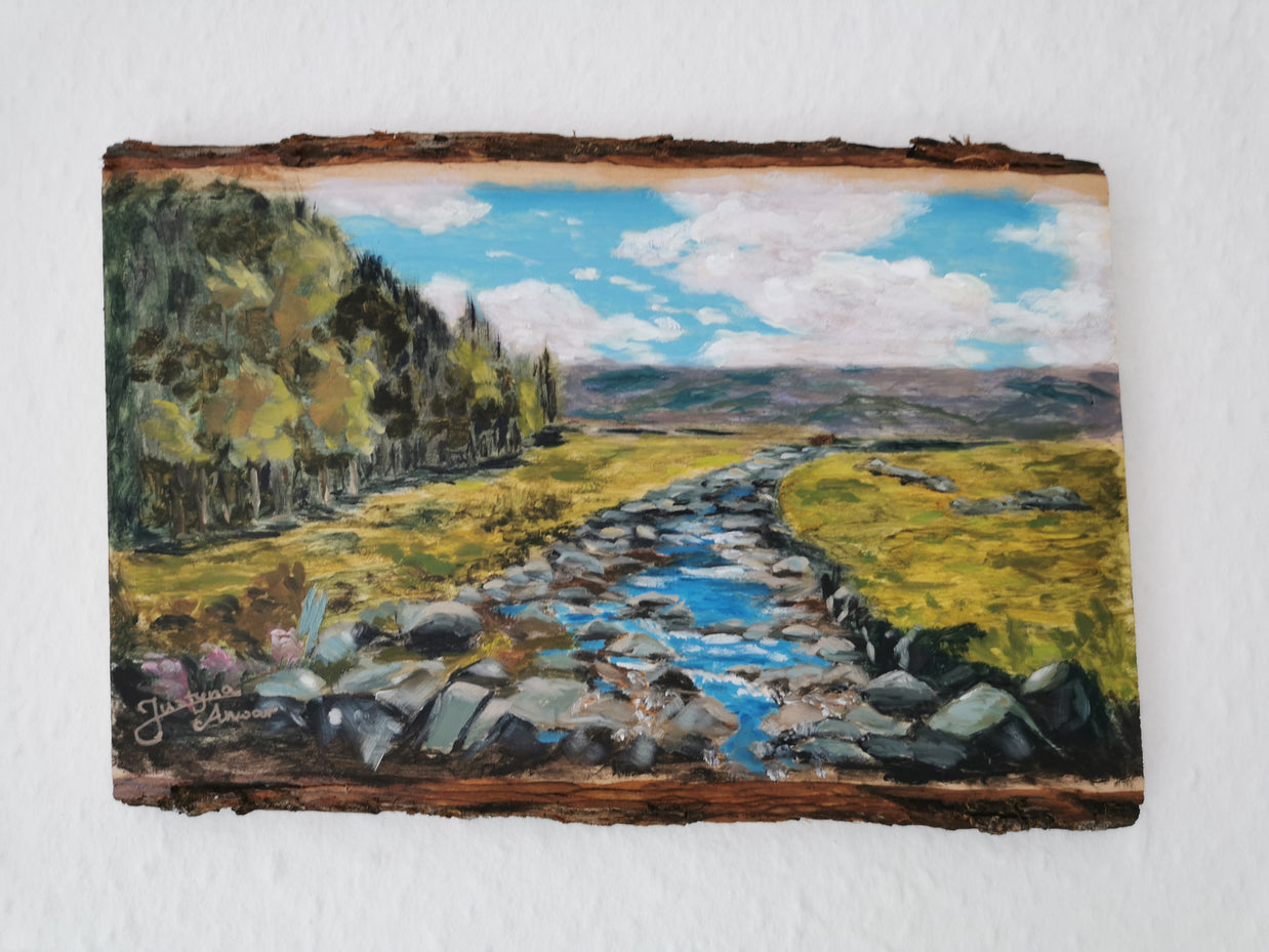 painting of Scottish landscape in wooden board