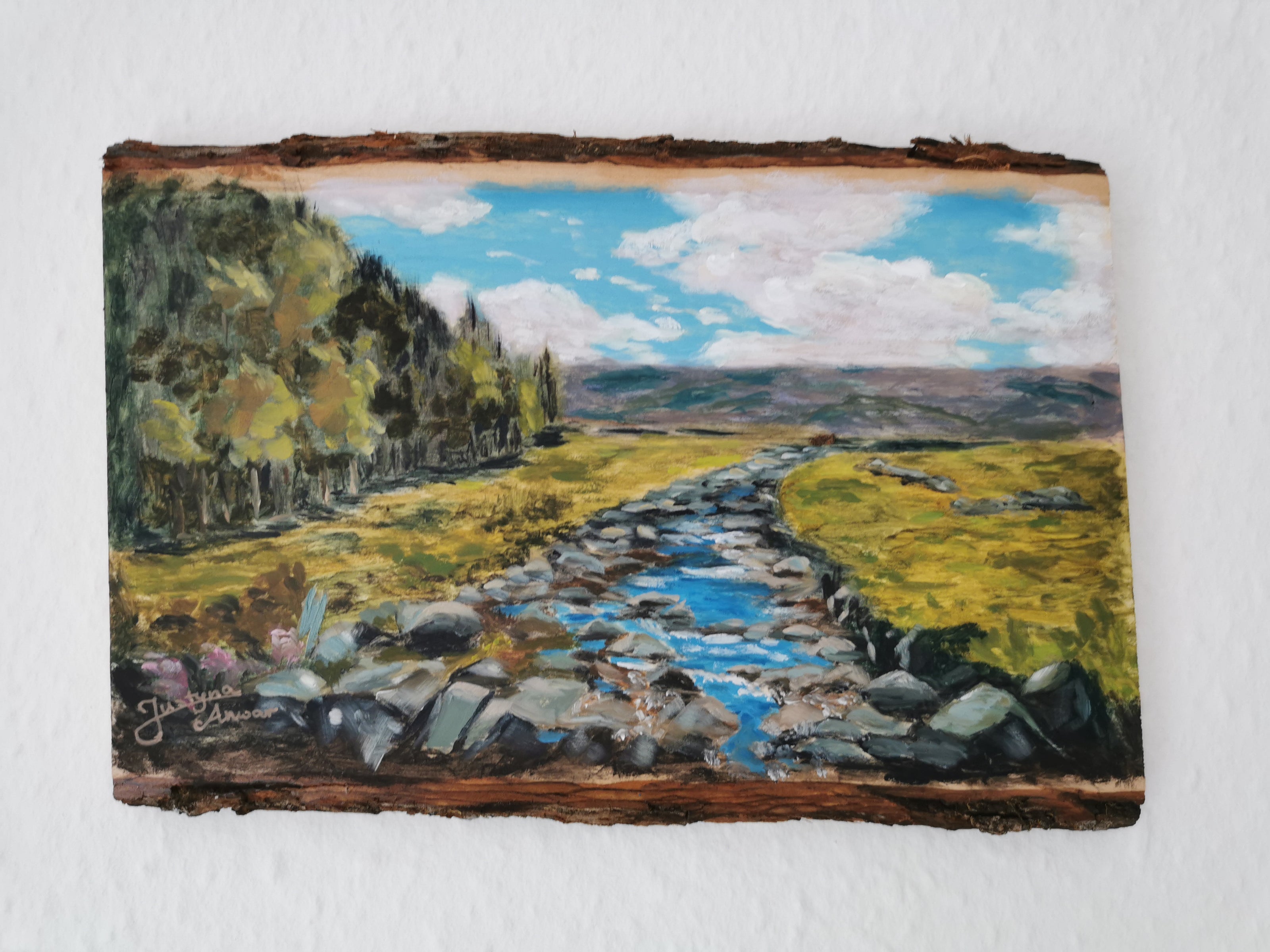 painting of Scottish landscape in wooden board