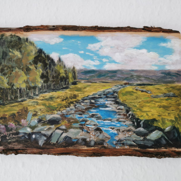 painting of Scottish landscape in wooden board