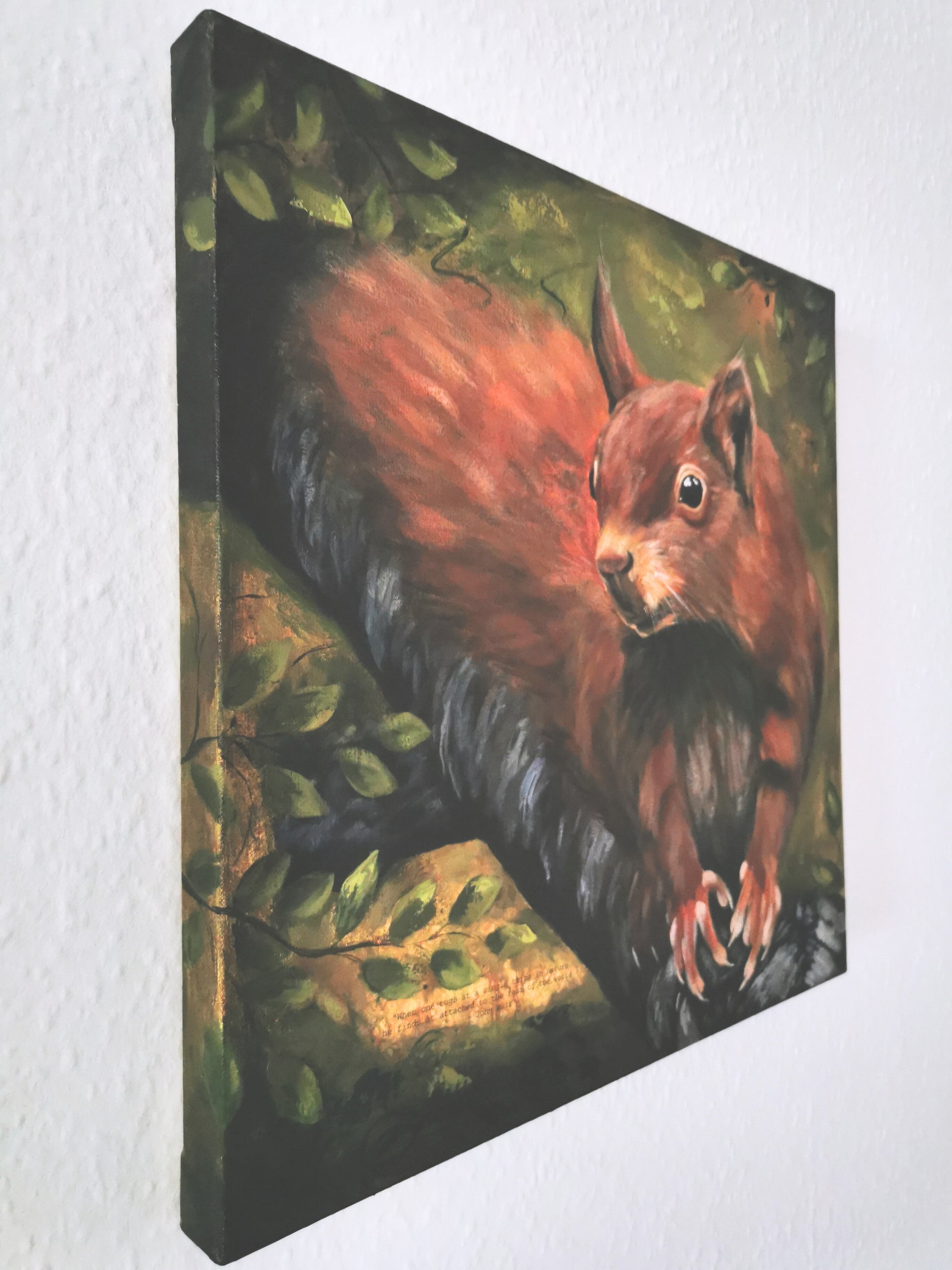painting of a red squirrel on white wall