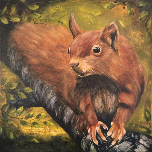 Painting of a red squirrel nature inspired with leaves and branches