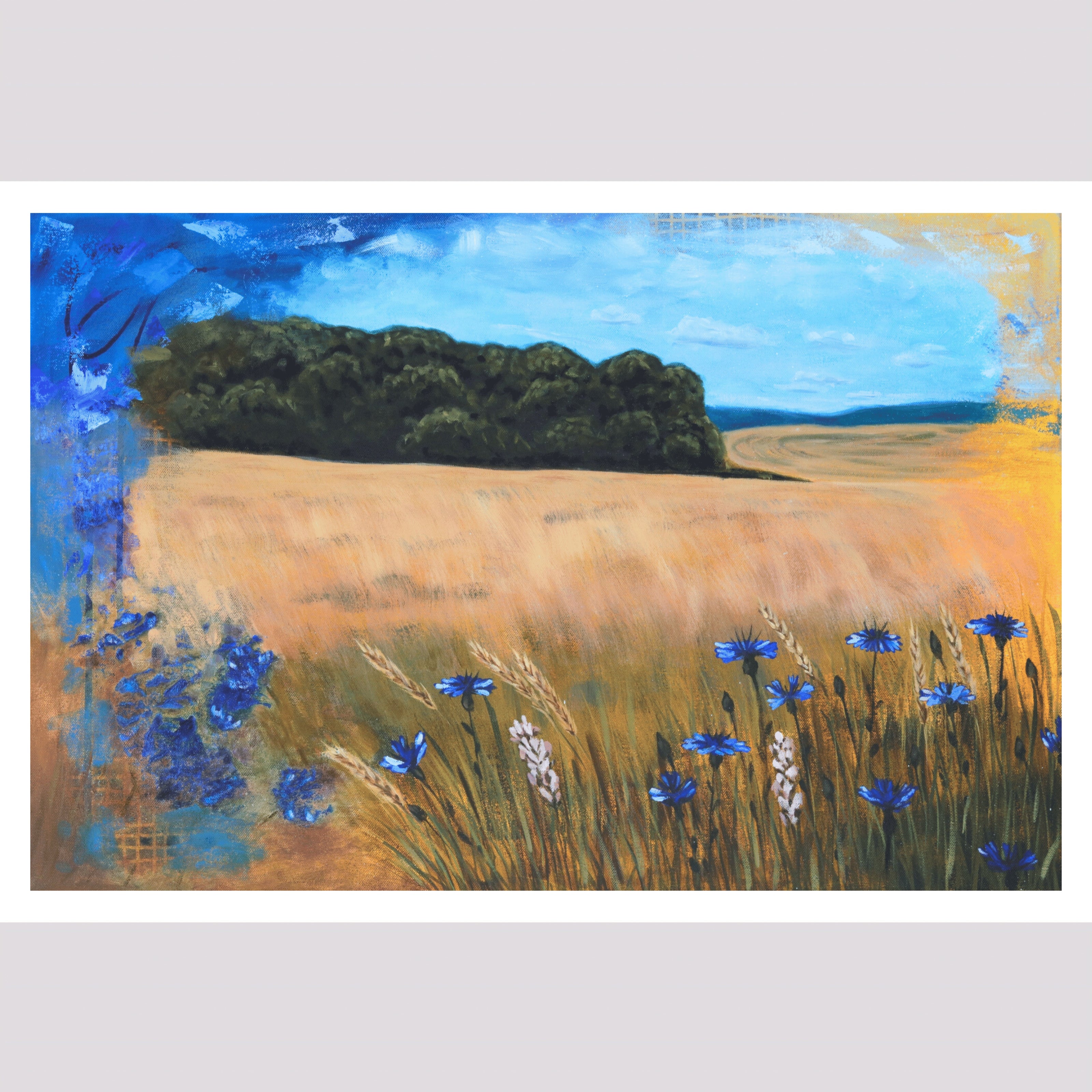 Fine art print showing field of wheat with cornflowers.